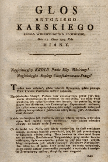 Głos Antoniego Karskiego Posła Woiewodztwa Płockiego Dnia 13. Lipca 1793. Roku Miany