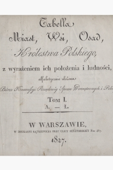 „Tabela miast, wsi, osad Królestwa Polskiego z wyrażeniem ich położenia i ludności. T. 1, A-Ł : alfabetycznie ułożona w Biórze Komissyi Rządowey Spraw Wewnętrznych i Policyi. T. 1: A – Ł. Warszawa 1827. Druk Łątkiewicz”