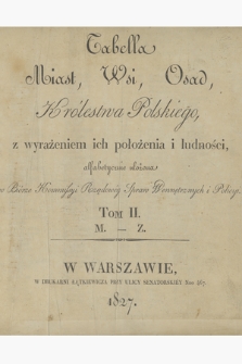 „Tabela miast, wsi, osad Królestwa Polskiego z wyrażeniem ich położenia i ludności. T. 2, M-Z : alfabetycznie ułożona w Biórze Komissyi Rządowey Spraw Wewnętrznych i Policyi. T. 2: M – Z. Warszawa 1827. Druk Łątkiewicz”