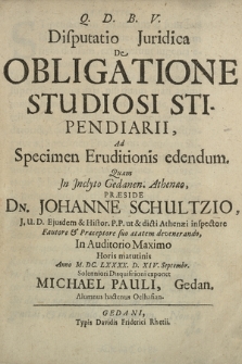 Disputatio Juridica De Obligatione Studiosi Stipendiarii, Ad Specimen Eruditionis edendum