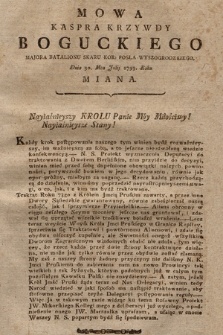 Mowa Kaspra Krzywdy Boguckiego Majora Batalionu Skaru Kor. Posła Wyszogrodzkiego, Dnia 30. Mca Julij 1793. Roku Miana