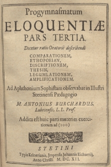 Progymnasmatum Eloquentiæ Pars [...]. P. 3, Docetus ratio Oratorie describendi Comparationem, Ethopoeian, Discriptionem, Thesin, Legumlationem, Amplificationem