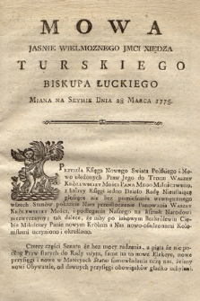 Mowa Jasnie Wielmoznego Jmci Xiędza Turskiego Biskupa Łuckiego Miana Na Seymie Dnia 28. Marca 1775