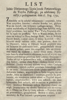 List Jaśnie Oświeconego Xięcia Jozefa Poniatowskiego do Woyska Polskiego, po odebraney Dymissyi, z pożegnaniem. dnia 16. Aug. 1792