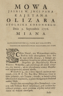 Mowa Jasnie W. JMci Pana Kajetana Olizara Stolnika Koronnego Dnia 3. Septembris 1776 Roku Miana