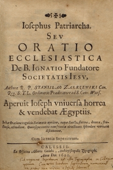 Iosephus Patriarcha Sev Oratio Ecclesiastica De B. Ignatio Fundatore Societatis Iesv