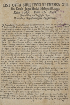 List Oyca Swiętego Klemensa XIII. Do krola Jego Mości Hiszpańskiego Roku 1767. Dnia 16. Maja