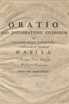Oratio Pro Jnstauratione Studiorum Jn Collegio Regio Varsaviensi Scholarum Piarum Habita
