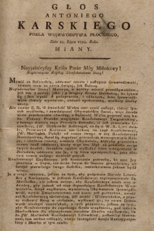 Głos Antoniego Karskiego Posła Woiewodztwa Płockiego Dnia 23. Lipca 1793. Roku Miany