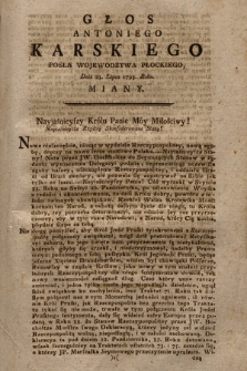 Głos Antoniego Karskiego Posła Wojewodztwa Płockiego : Dnia 23. Lipca 1793. Roku Miany