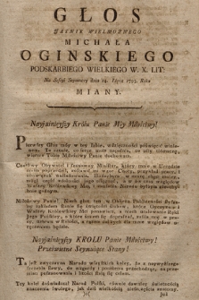 Głos Jasnie Wielmoznego Michała Oginskiego Podskarbiego Wielkiego W. X. Lit. Na Sessyi Seymowey dnia 24. Lipca 1793. Roku Miany