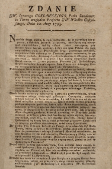 Zdanie JW. Ignacego Gosławskiego Posła Samdomir., in Turno względem Projektu JW. Włodka Gostyńskiego, Dnia 10 Aug. 1793