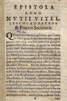 Epistola R. P. N. G. Mvtii Vitelleschi Ad Patres & Fratres Societatis