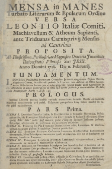 Mensa In Manes Turbato Literarum & Epularum Ordine Versa Leontio Italiæ Comiti, Machiavellum & Atheum Sapienti [...]
