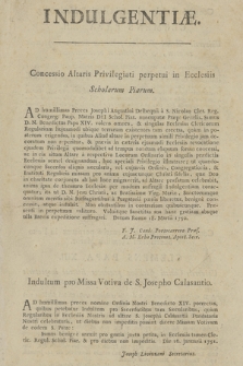 Indulgentiae. Concessio Altaris Privilegiati perpetui in Ecclesiis Scholarum Piarum