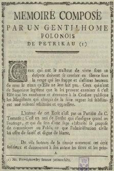Memoire Composé Par Un Gentilhome Polonois De Petrikau