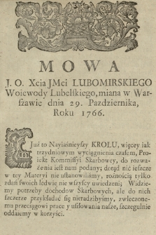 Mowa J. O. Xcia JMci Lubomirskiego Woiewody Lubelskiego, miana w Warszawie dnia 29. Pazdziernika, Roku 1766