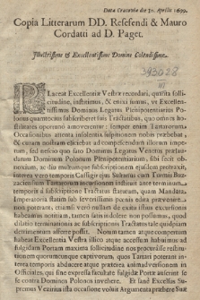 Copia Litterarum DD. Resefendi & Mauro Cordatti ad D. Paget ... : [Incipit:] Placeat Excellentiæ Vestræ recordari ... : [Datum:] Datæ Adrinopoli die 28. Februar. Anni 1699
