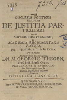 Discursus Politicus Secundus De Justitia Particulari