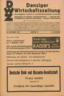 Danziger Wirtschaftszeitung. Jg.16, Nr. 47 (20 November 1936)