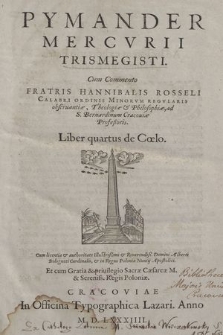 Pymander Mercvrii Trismegisti. Lib. 4, de Cœlo