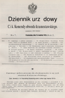 Dziennik Urzędowy C. i K. Komendy Obwodu Krasnostawskiego. R.2 (1916), nr 7