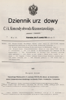 Dziennik Urzędowy C. i K. Komendy Obwodu Krasnostawskiego. R.2 (1916), nr 11