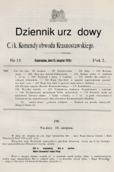 Dziennik Urzędowy C. i K. Komendy Obwodu Krasnostawskiego. R.2 (1916), nr 15