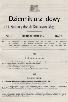 Dziennik Urzędowy C. i K. Komendy Obwodu Krasnostawskiego. R.2 (1916), nr 23