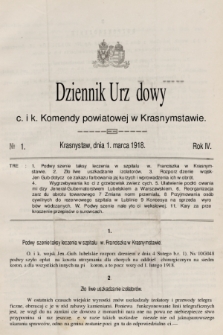 Dziennik Urzędowy C. i K. Komendy Powiatowej w Krasnymstawie. R.4 (1918), nr 1