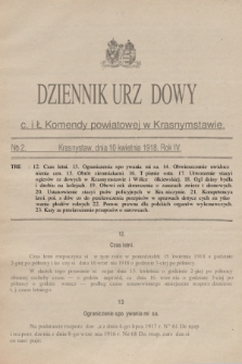 Dziennik Urzędowy C. i K. Komendy Powiatowej w Krasnymstawie. R.4 (1918), nr 2