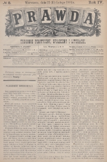 Prawda : tygodnik polityczny, społeczny i literacki. 1884, nr 8