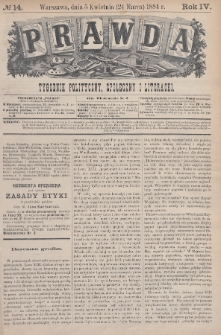 Prawda : tygodnik polityczny, społeczny i literacki. 1884, nr 14