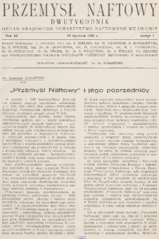 Przemysł Naftowy : dwutygodnik : organ Krajowego Towarzystwa Naftowego we Lwowie. R.11, 1936, Zeszyt 1