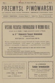 Przemysł Piwowarski : organ Centr. Związku Przemysłu Piwowarskiego i Słodowniczego w Rzeczypospolit. Polskiej. R.4, 1926, № 8