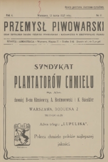 Przemysł Piwowarski : organ Centr. Związku Przemysłu Piwowarskiego i Słodowniczego w Rzeczypospolit. Polskiej. R.4, 1926, № 11