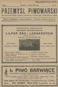 Przemysł Piwowarski : organ Centr. Związku Przemysłu Piwowarskiego i Słodowniczego w Rzeczypospolit. Polskiej. R.4, 1926, № 20