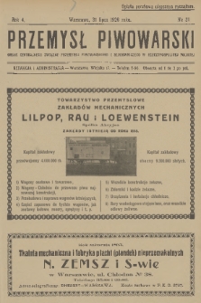 Przemysł Piwowarski : organ Centr. Związku Przemysłu Piwowarskiego i Słodowniczego w Rzeczypospolit. Polskiej. R.4, 1926, № 31