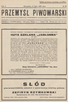 Przemysł Piwowarski : organ Centralnego Związku Przemysłu Piwowarskiego i Słodowniczego w Rzeczypospolitej Polskiej. R.8, 1930, № 28