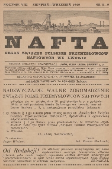 Nafta : organ Związku Polskich Przemysłowców Naftowych we Lwowie. R.8, 1929, nr 8-9
