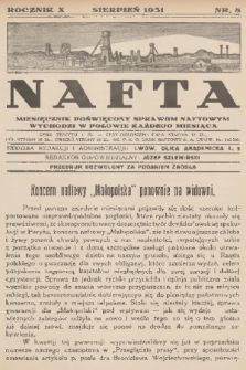 Nafta : miesięcznik poświęcony sprawom naftowym. R.10, 1931, nr 8