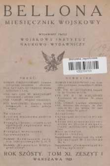 Bellona : miesięcznik wojskowy wydawany przez Wojskowy Instytut Naukowo-Wydawniczy. R.6, T.11, 1923, Zeszyt 1 + dod.