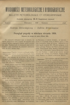 Wiadomości Meteorologiczne i Hydrograficzne. Dodatek miesięczny = Bulletin Météorologique et Hydrographique. Supplément Mensuel. 1934, № 8 + wkładka