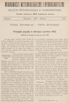 Wiadomości Meteorologiczne i Hydrograficzne. Dodatek miesięczny = Bulletin Météorologique et Hydrographique. Supplément Mensuel. 1935, № 6 + wkładka