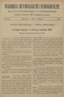Wiadomości Meteorologiczne i Hydrograficzne. Dodatek miesięczny = Bulletin Météorologique et Hydrographique. Supplément Mensuel. 1936, № 4 + wkładka