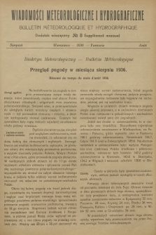 Wiadomości Meteorologiczne i Hydrograficzne. Dodatek miesięczny = Bulletin Météorologique et Hydrographique. Supplément Mensuel. 1936, № 8 + wkładka