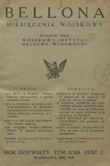 Bellona : miesięcznik wojskowy wydawany przez Wojskowy Instytut Naukowo-Wydawniczy. R.9, T.22, 1926, Spis rzeczy