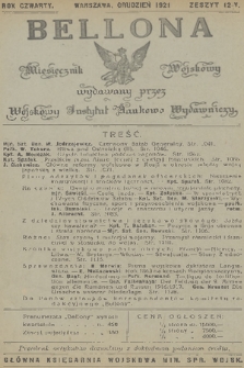 Bellona : miesięcznik wojskowy wydawany przez Wojskowy Instytut Naukowo Wydawniczy. R.4, 1921, Zeszyt 12