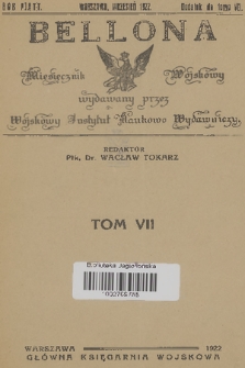 Bellona : miesięcznik wojskowy wydawany przez Wojskowy Instytut Naukowo Wydawniczy. R.5, T.7, 1922, Spis rzeczy
