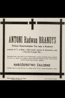 Antoni Radwan Brandys [...] zasnął w Panu dnia listopada 1926 r. [...]